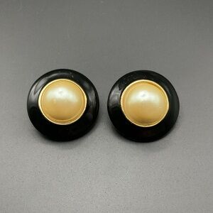 Statement Gold Faux Pearl Black Enamel Earrings Clip On Vintage